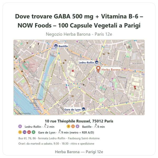 Dove trovare GABA 500 mg + Vitamina B-6 – NOW Foods – 100 Capsule Vegetali a Parigi - mappa del negozio Herba Barona Paris 12e