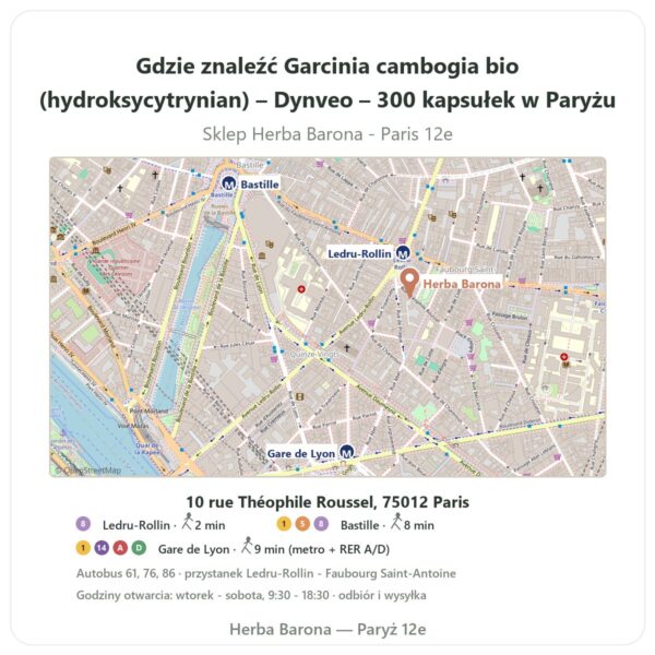 Gdzie znaleźć Garcinia cambogia bio (hydroksycytrynian) – Dynveo – 300 kapsułek w Paryżu - mapa sklepu Herba Barona Paris 12e