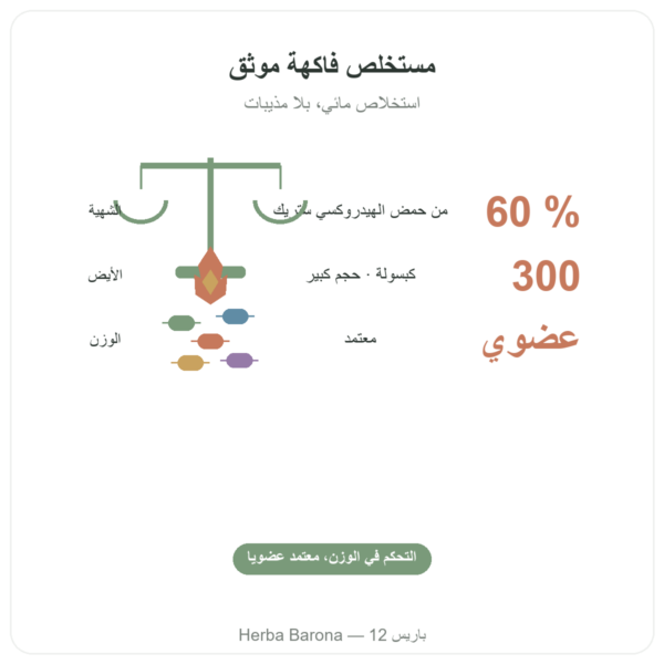 غارسينيا كامبوجيا عضوية Garcinia cambogia bio (hydroxycitrate) – Dynveo – 300 كبسولة الفوائد والمعطيات الرئيسية Paris Herba Barona