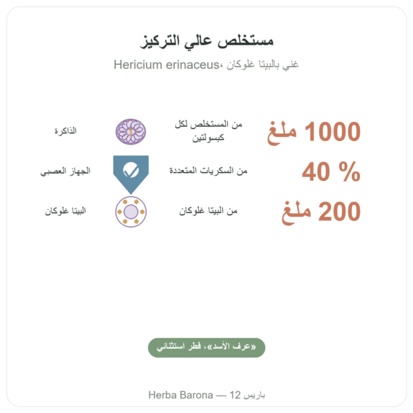 هيريسيوم عضوي 500 مغ مستخلص عالي التركيز – 60 كبسولة الفوائد والمعطيات الرئيسية Paris Herba Barona