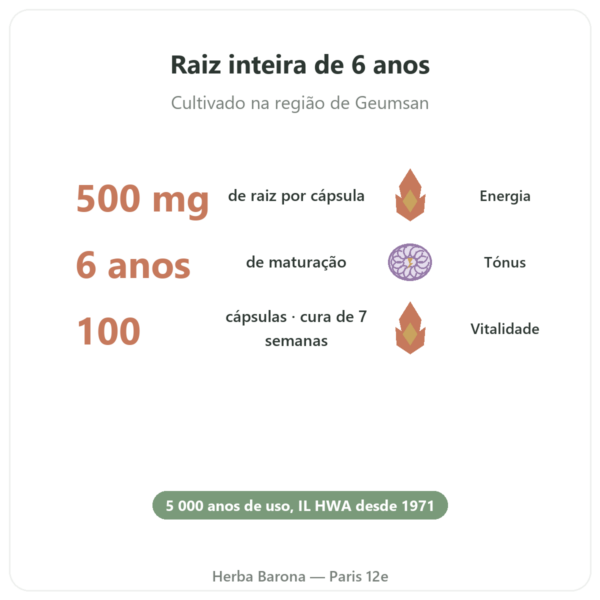 Ginseng Coreano 100 cápsulas 500 mg IL HWA Coreia - Adaptogénio benefícios e dados principais Paris Herba Barona