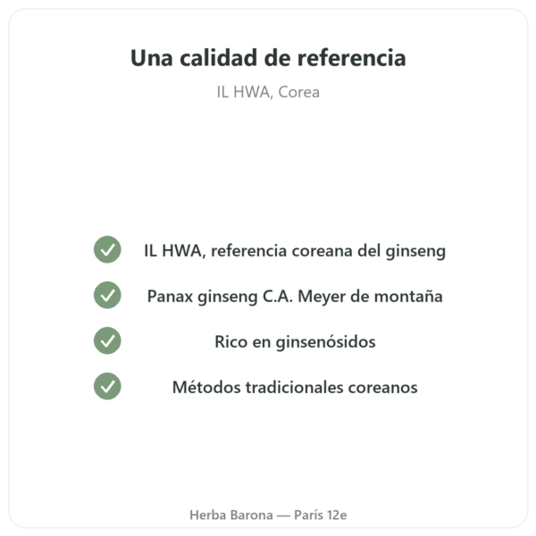 Ginseng Coreano 50 Cápsulas 500mg – IL HWA Corea – Adaptógeno calidad Paris Herba Barona