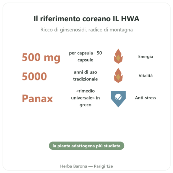 Ginseng Coreano 50 Capsule 500mg IL HWA Corea – Adattogeno benefici e dati chiave Paris Herba Barona
