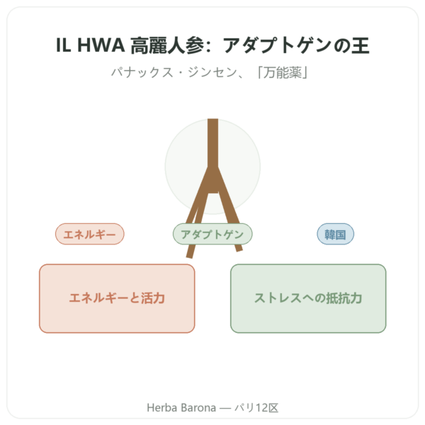 高麗人参 50カプセル 500mg IL HWA 韓国産 – アダプトゲン presentation Paris Herba Barona