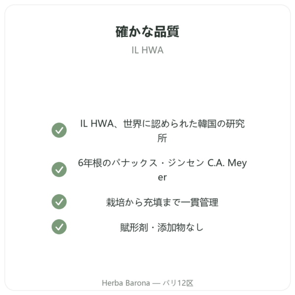 高麗人参 100カプセル 500mg IL HWA 韓国産 – アダプトゲン quality Paris Herba Barona