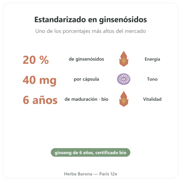 Ginseng Rojo BIO – Dynveo – 20% ginsenósidos – 200mg – 60 cápsulas beneficios y datos clave Paris Herba Barona