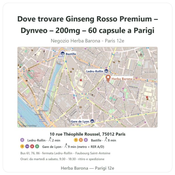 Dove trovare Ginseng Rosso Premium – Dynveo – 200mg – 60 capsule a Parigi - mappa del negozio Herba Barona Paris 12e
