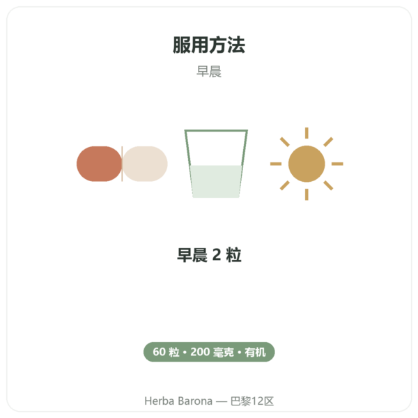 有机红参 - Dynveo - 20% 人参皂苷 – 200mg – 60 粒胶囊 使用方法与建议剂量 Paris Herba Barona