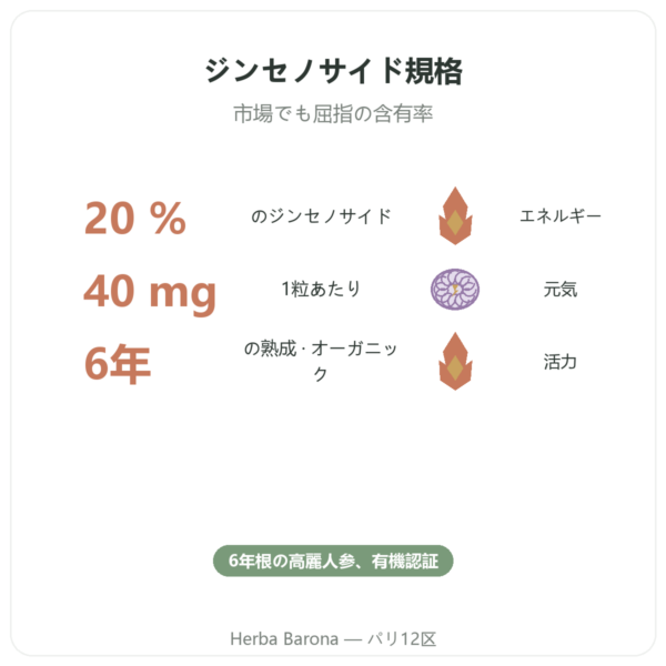 紅参(レッドジンセン)オーガニック - Dynveo - ジンセノサイド20% – 200mg – 60カプセル benefits and key facts Paris Herba Barona