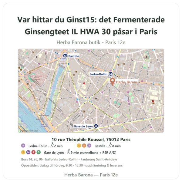 Var hittar du Ginst15: det Fermenterade Ginsengteet IL HWA 30 påsar i Paris - butikskarta Herba Barona Paris 12e
