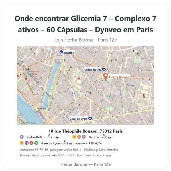 Onde encontrar Glicemia 7 – Complexo 7 ativos – 60 Cápsulas – Dynveo em Paris - mapa da loja Herba Barona Paris 12e