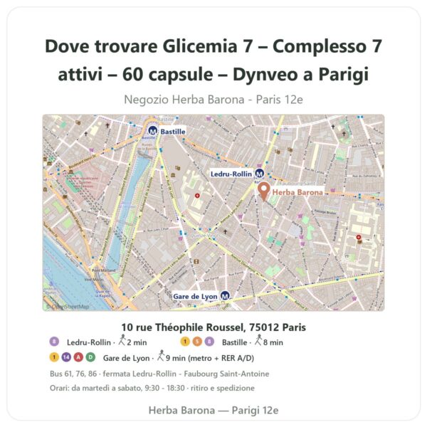 Dove trovare Glicemia 7 – Complesso 7 attivi – 60 capsule – Dynveo a Parigi - mappa del negozio Herba Barona Paris 12e