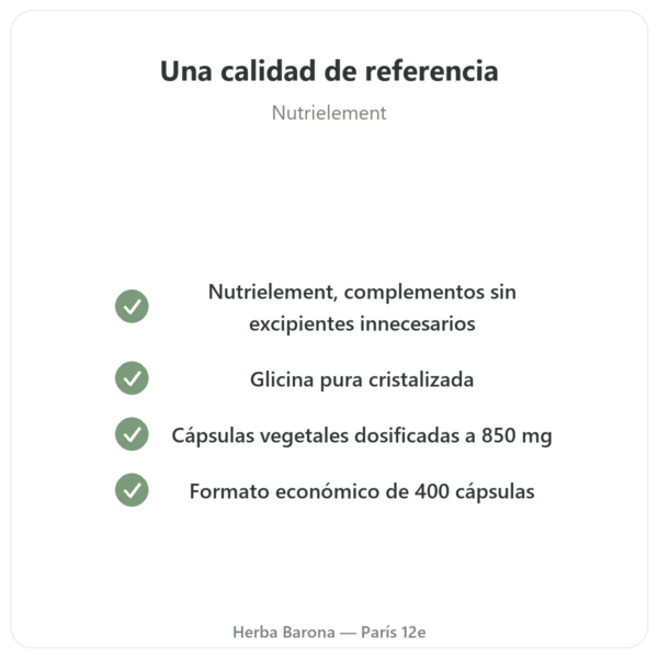 Glicina Cristalizada Nutrielement – 400 Cápsulas – Sueño y Recuperación calidad Paris Herba Barona