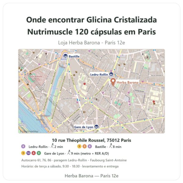 Onde encontrar Glicina Cristalizada Nutrimuscle 120 cápsulas em Paris - mapa da loja Herba Barona Paris 12e