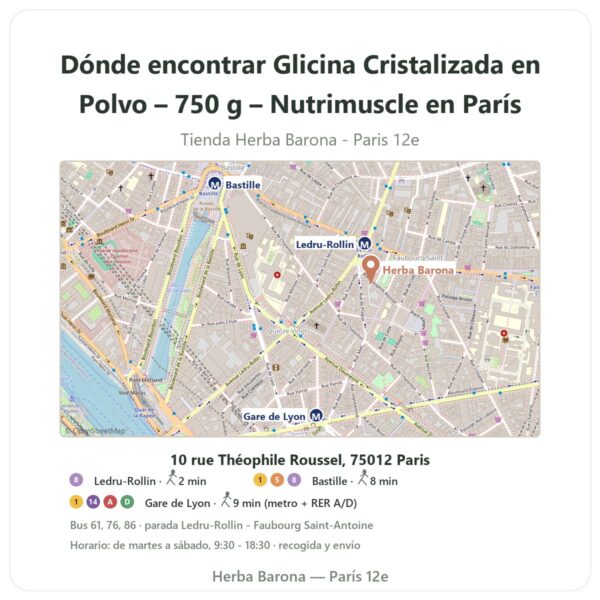 Dónde encontrar Glicina Cristalizada en Polvo – 750 g – Nutrimuscle en París - plano de la tienda Herba Barona Paris 12e