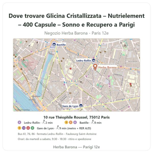 Dove trovare Glicina Cristallizzata – Nutrielement – 400 Capsule – Sonno e Recupero a Parigi - mappa del negozio Herba Barona Paris 12e