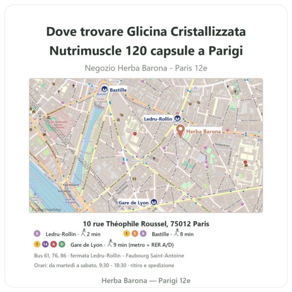Dove trovare Glicina Cristallizzata Nutrimuscle 120 capsule a Parigi - mappa del negozio Herba Barona Paris 12e