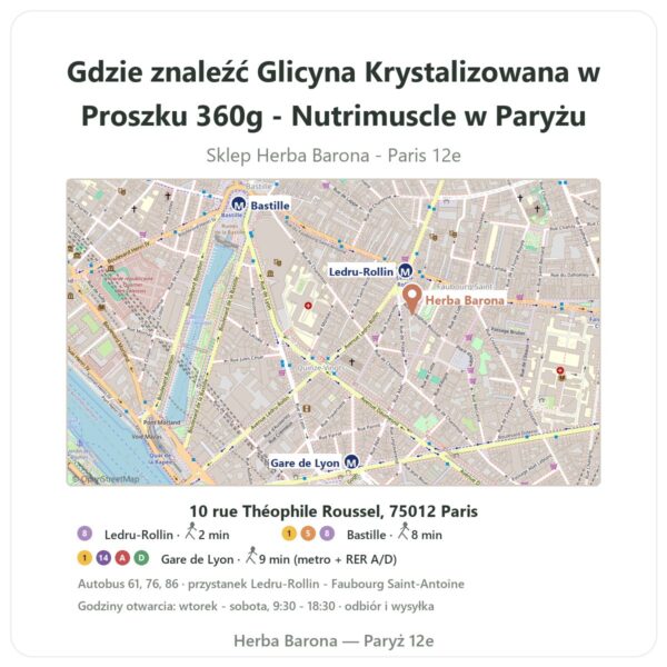 Gdzie znaleźć Glicyna Krystalizowana w Proszku 360g - Nutrimuscle w Paryżu - mapa sklepu Herba Barona Paris 12e
