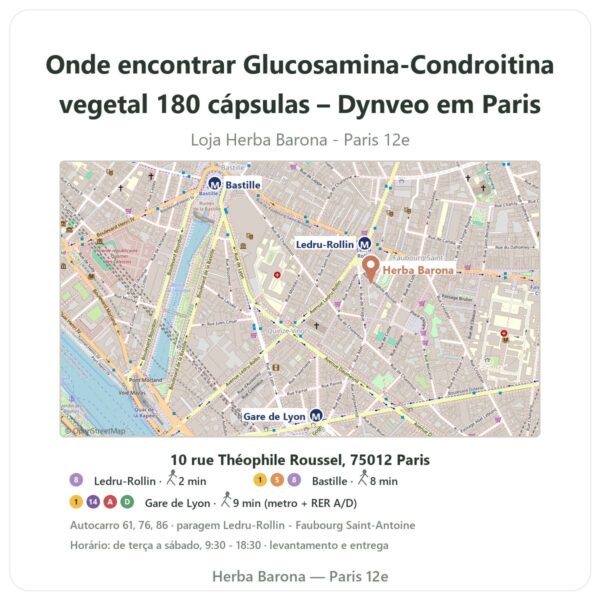Onde encontrar Glucosamina-Condroitina vegetal 180 cápsulas – Dynveo em Paris - mapa da loja Herba Barona Paris 12e