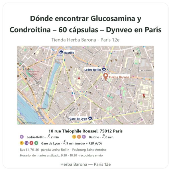 Dónde encontrar Glucosamina y Condroitina – 60 cápsulas – Dynveo en París - plano de la tienda Herba Barona Paris 12e
