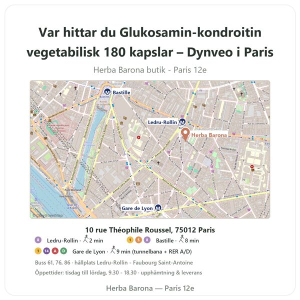 Var hittar du Glukosamin-kondroitin vegetabilisk 180 kapslar – Dynveo i Paris - butikskarta Herba Barona Paris 12e