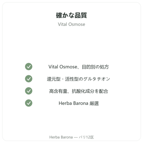 還元型グルタチオン 400mg – 60カプセル – VITAL OSMOSE quality Paris Herba Barona