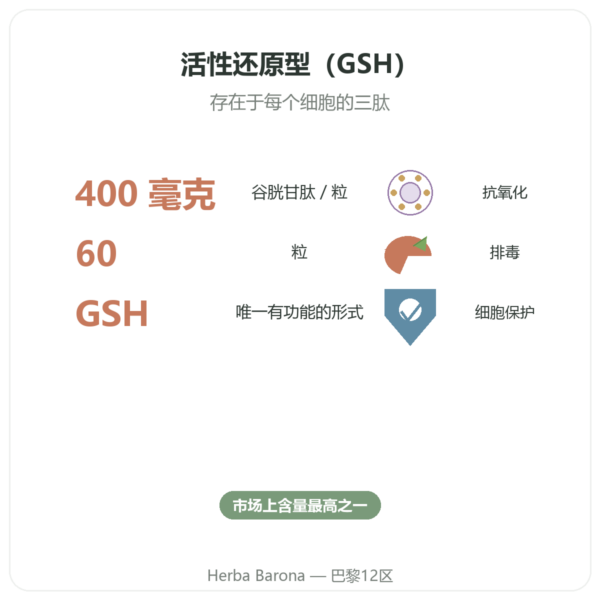 还原型谷胱甘肽 400 mg – 60 粒胶囊 – VITAL OSMOSE 功效与数据 Paris Herba Barona