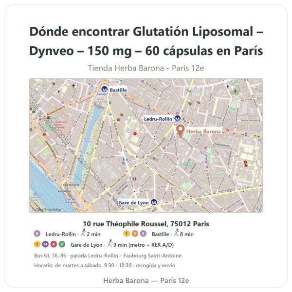 Dónde encontrar Glutatión Liposomal – Dynveo – 150 mg – 60 cápsulas en París - plano de la tienda Herba Barona Paris 12e