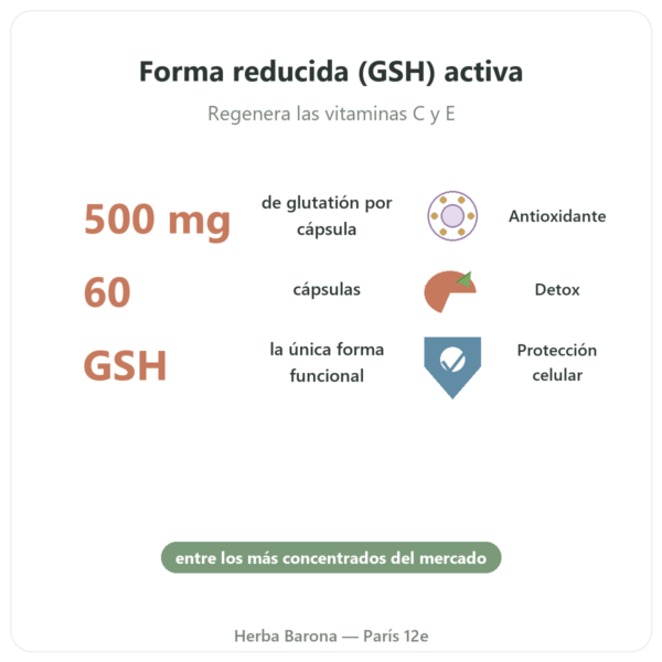 Glutatión Reducido 500 mg – 60 Cápsulas – Jarrow Formulas beneficios y datos clave Paris Herba Barona
