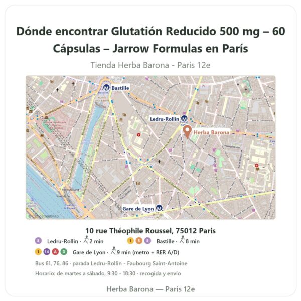 Dónde encontrar Glutatión Reducido 500 mg – 60 Cápsulas – Jarrow Formulas en París - plano de la tienda Herba Barona Paris 12e