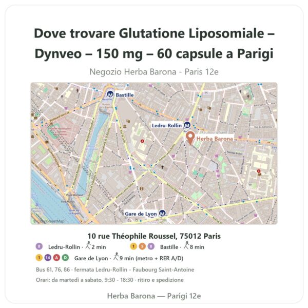 Dove trovare Glutatione Liposomiale – Dynveo – 150 mg – 60 capsule a Parigi - mappa del negozio Herba Barona Paris 12e
