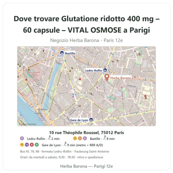 Dove trovare Glutatione ridotto 400 mg – 60 capsule – VITAL OSMOSE a Parigi - mappa del negozio Herba Barona Paris 12e