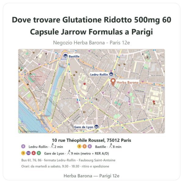 Dove trovare Glutatione Ridotto 500mg 60 Capsule Jarrow Formulas a Parigi - mappa del negozio Herba Barona Paris 12e