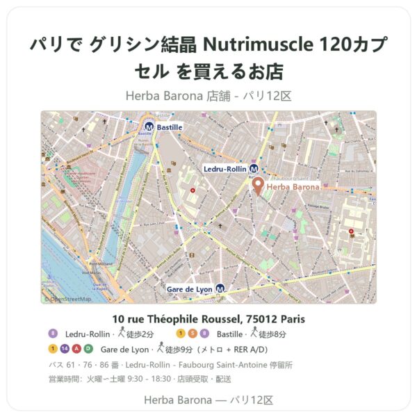 Where to find グリシン結晶 Nutrimuscle 120カプセル in Paris - store map Herba Barona Paris 12e