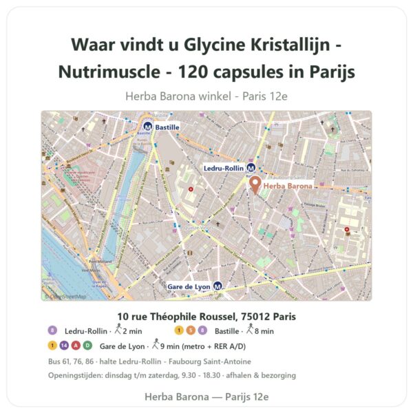 Waar vindt u Glycine Kristallijn - Nutrimuscle - 120 capsules in Parijs - winkelplattegrond Herba Barona Paris 12e