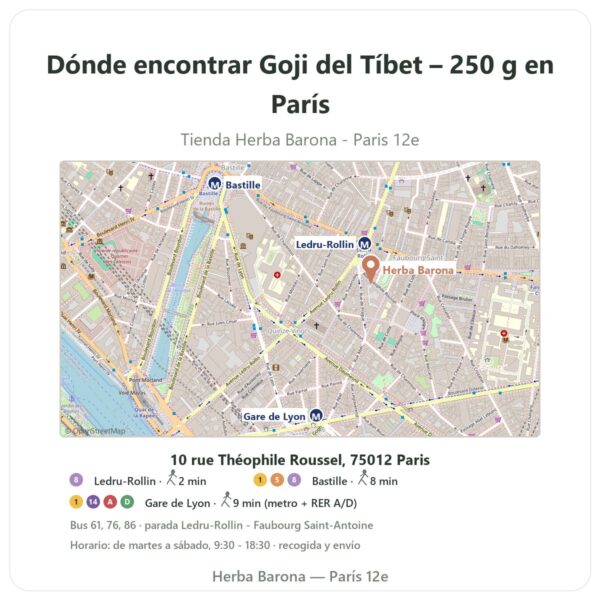 Dónde encontrar Goji del Tíbet – 250 g en París - plano de la tienda Herba Barona Paris 12e