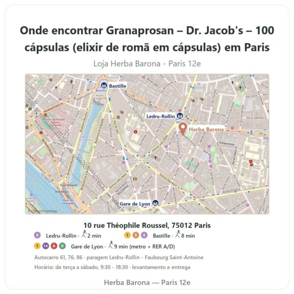 Onde encontrar Granaprosan – Dr. Jacob's – 100 cápsulas (elixir de romã em cápsulas) em Paris - mapa da loja Herba Barona Paris 12e
