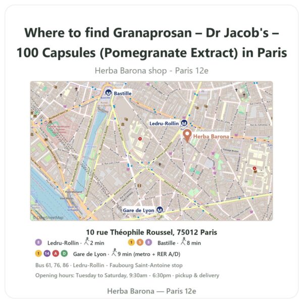 Where to find Granaprosan – Dr Jacob's – 100 Capsules (Pomegranate Extract) in Paris - store map Herba Barona Paris 12e