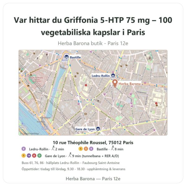 Var hittar du Griffonia 5-HTP 75 mg – 100 vegetabiliska kapslar i Paris - butikskarta Herba Barona Paris 12e
