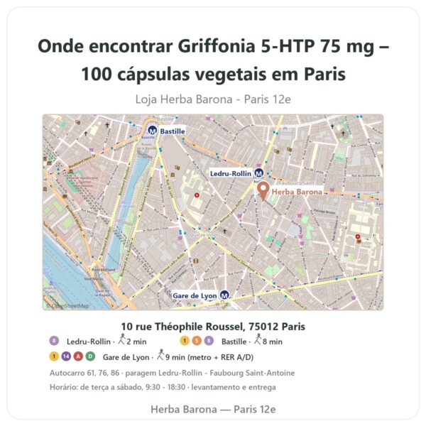 Onde encontrar Griffonia 5-HTP 75 mg – 100 cápsulas vegetais em Paris - mapa da loja Herba Barona Paris 12e