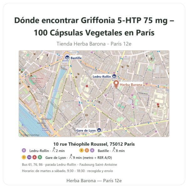 Dónde encontrar Griffonia 5-HTP 75 mg – 100 Cápsulas Vegetales en París - plano de la tienda Herba Barona Paris 12e
