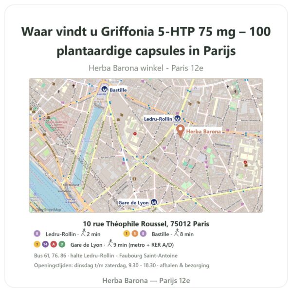 Waar vindt u Griffonia 5-HTP 75 mg – 100 plantaardige capsules in Parijs - winkelplattegrond Herba Barona Paris 12e