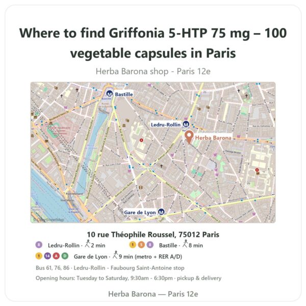 Where to find Griffonia 5-HTP 75 mg – 100 vegetable capsules in Paris - store map Herba Barona Paris 12e