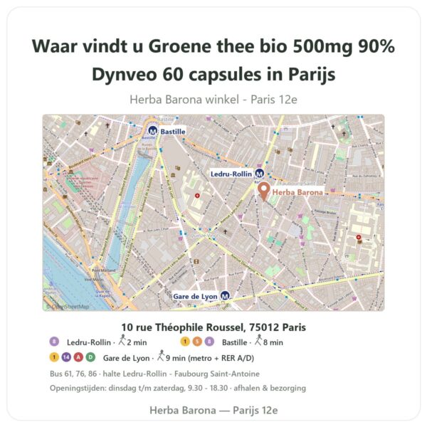 Waar vindt u Groene thee bio 500mg 90% Dynveo 60 capsules in Parijs - winkelplattegrond Herba Barona Paris 12e