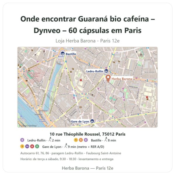 Onde encontrar Guaraná bio cafeína – Dynveo – 60 cápsulas em Paris - mapa da loja Herba Barona Paris 12e