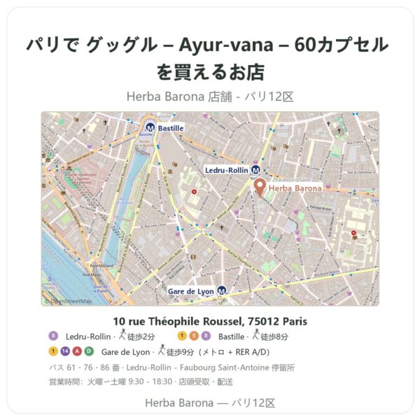 Where to find グッグル – Ayur-vana – 60カプセル in Paris - store map Herba Barona Paris 12e