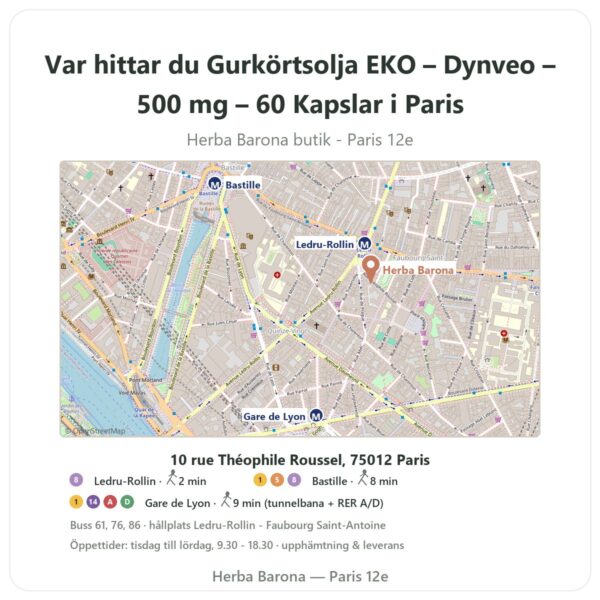 Var hittar du Gurkörtsolja EKO – Dynveo – 500 mg – 60 Kapslar i Paris - butikskarta Herba Barona Paris 12e