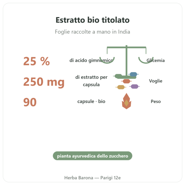 Gymnema Sylvestris BIO Dynveo 90 Capsule 250 mg Acido Gimnemico 25% benefici e dati chiave Paris Herba Barona