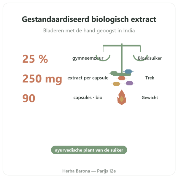 Gymnema Sylvestris BIO Dynveo 90 caps. 250 mg Gymnemazuur 25% voordelen en kerngegevens Paris Herba Barona