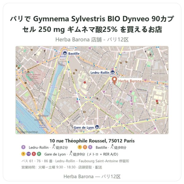 Where to find Gymnema Sylvestris BIO Dynveo 90カプセル 250 mg ギムネマ酸25% in Paris - store map Herba Barona Paris 12e